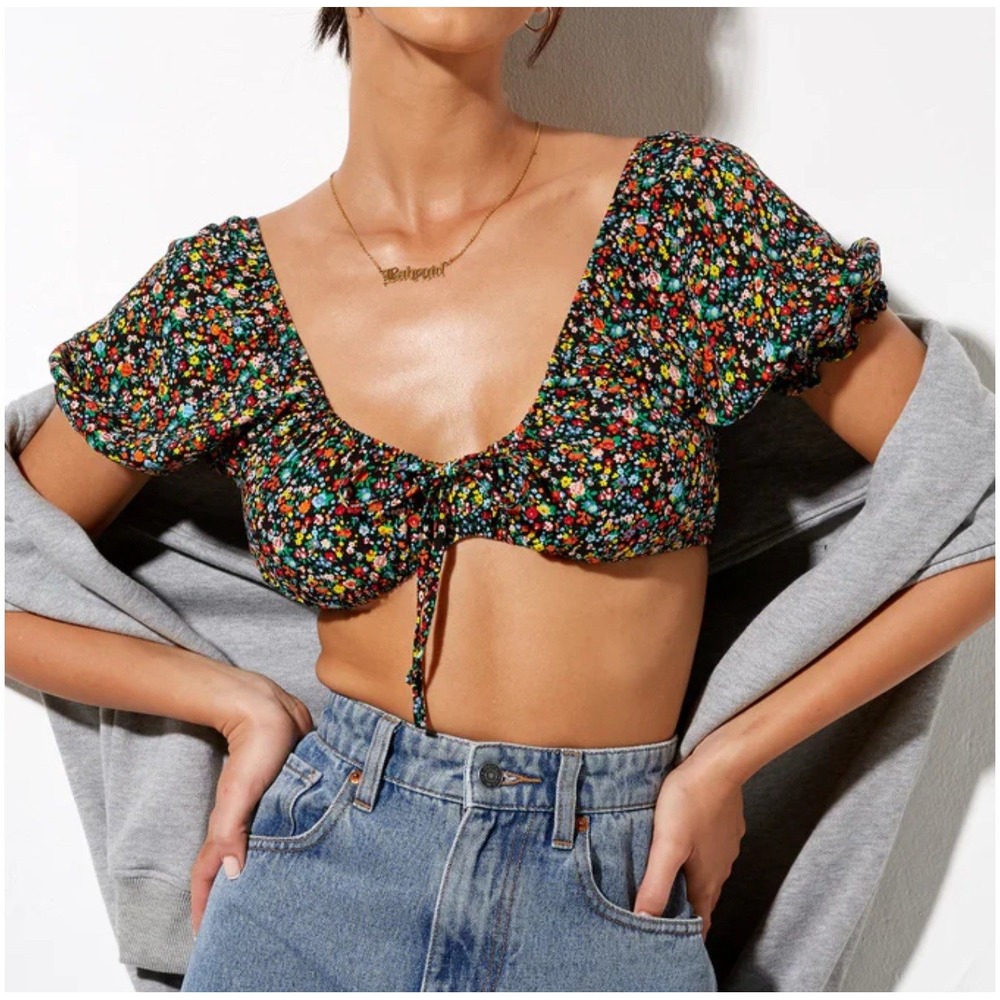 Motel Floral Tie Front Crop Top XXS Puff Sleeve Open Back Y2K Cottagecore Dainty